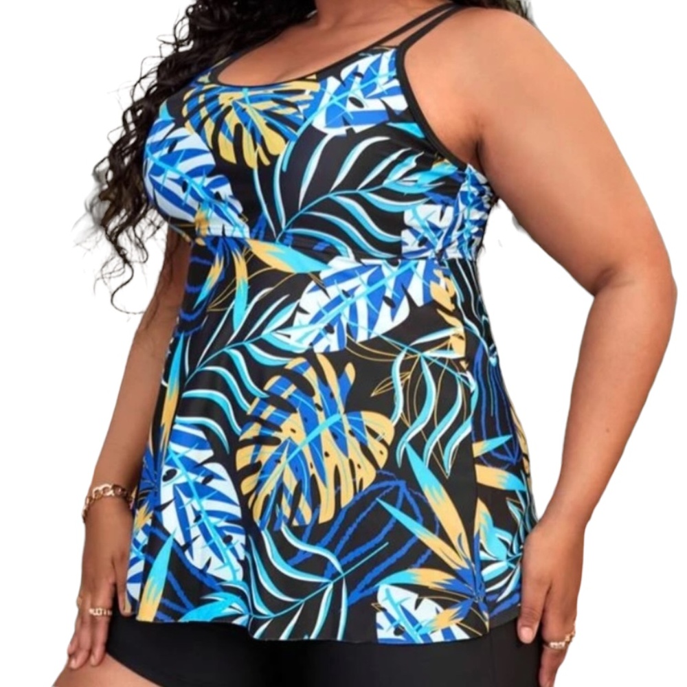 SHEIN Blue Black Yellow Tropical Boho Print Criss Cross Swimsuit Top Size 4XL - Picture 2 of 6